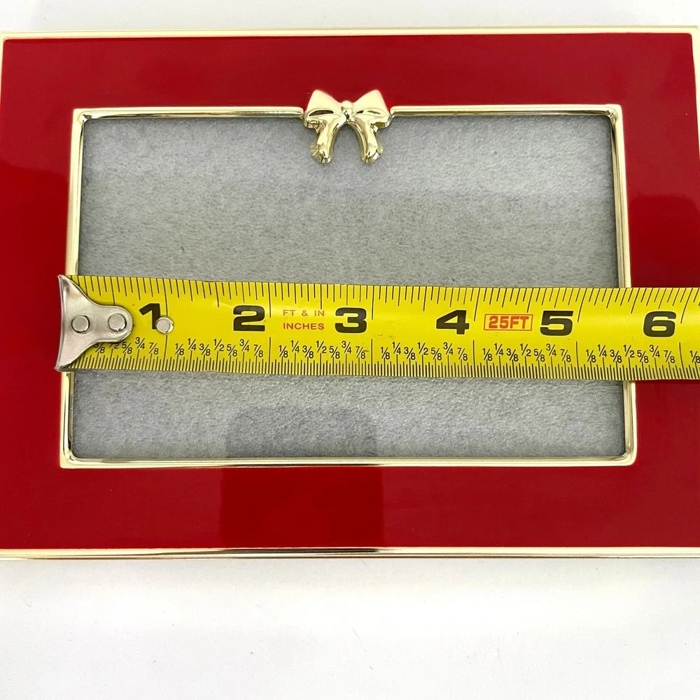 Vintage Red Enamel Gold Tone Bow Picture Frame 4x6 Landscape Tabletop Wall Decor